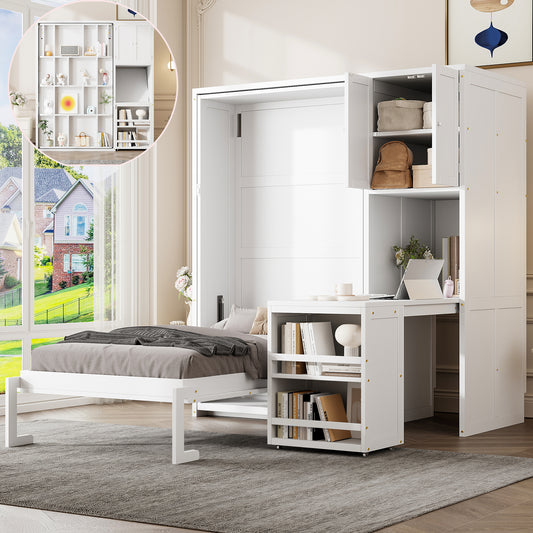 Twin Size Rotating Wall Murphy Beds with Bookshelf, Top Cabinet, Extendable Desk & Side Storage, White
