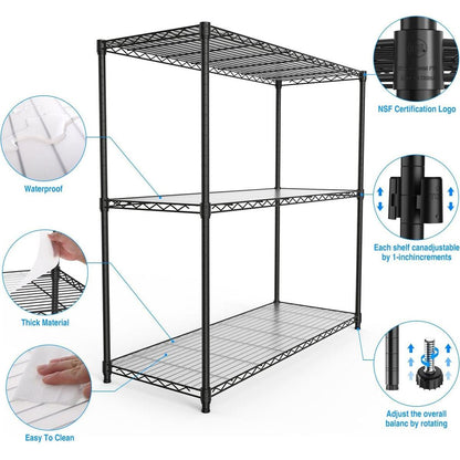 3 Tier Wire Shelving Unit, 1050 LBS NSF Height Adjustable Metal Garage Storage Shelves, Heavy Duty Storage Wire Rack Metal Shelves - Black