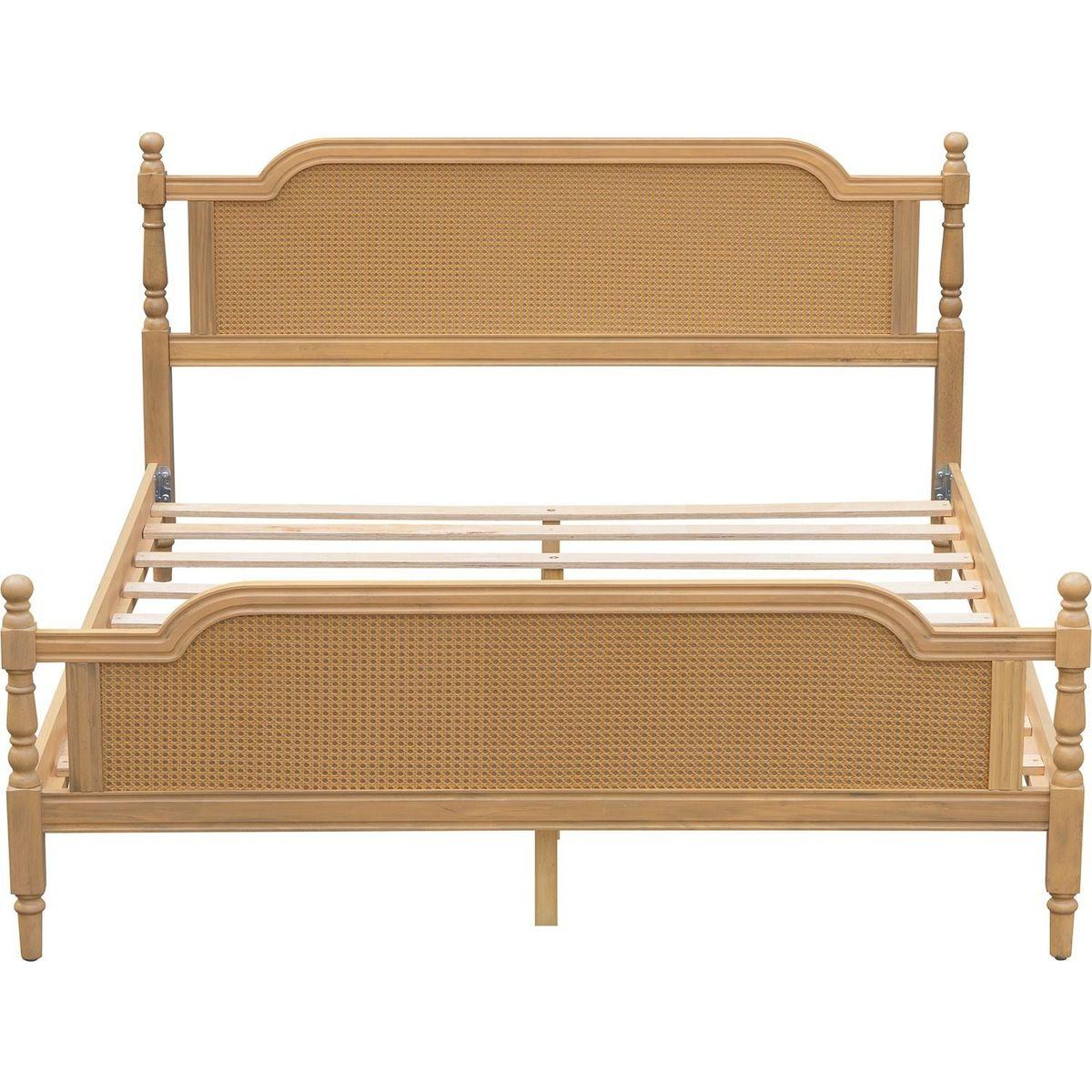 Traditional Style Rattan King Size Bed Frame,No Box Spring Needed,Antique Walnut