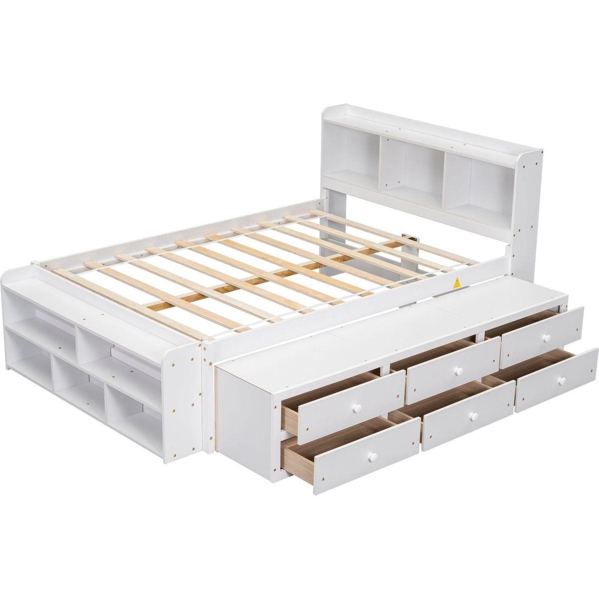 Full Bed with Bookcase Headboard, Under bed Storage Drawers and Bed End Storage Case,White