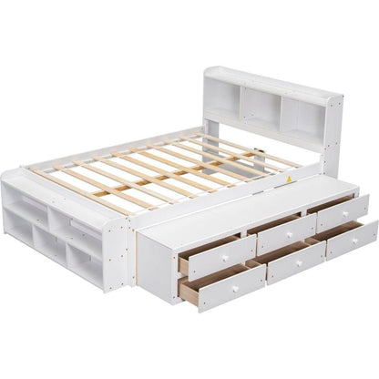 Full Bed with Bookcase Headboard, Under bed Storage Drawers and Bed End Storage Case,White