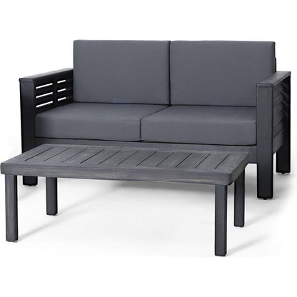 Acacia Wood Outdoor Loveseat and Coffee Table Set with Cushions, Dark Gray
