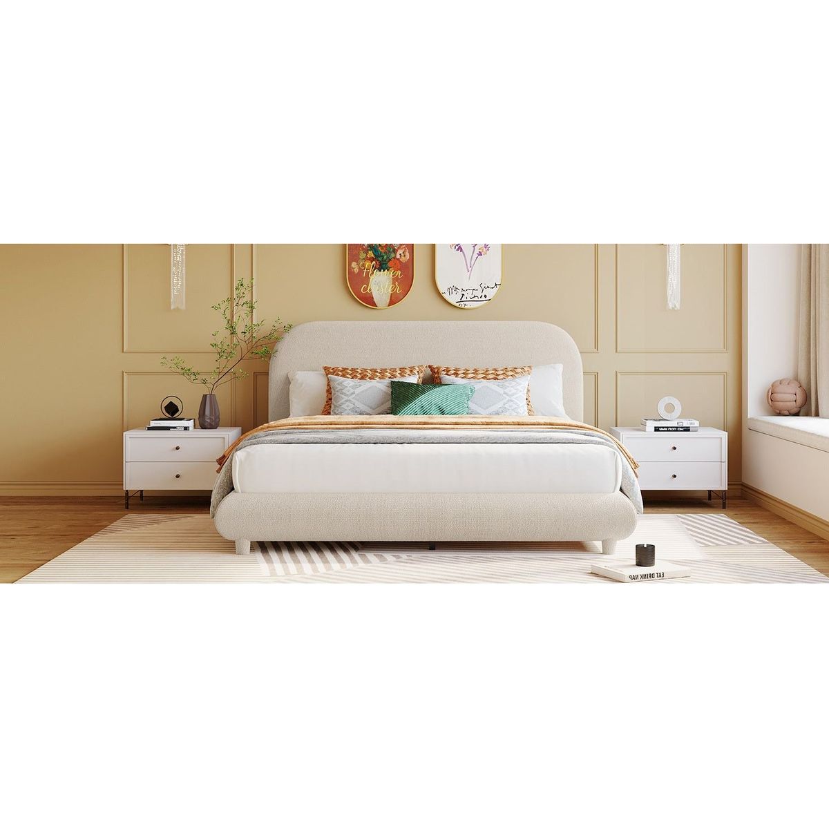 Teddy Fleece Queen Size Upholstered Platform Bed with Thick Fabric, Solid Frame and Stylish Curve-shaped Design, Beige