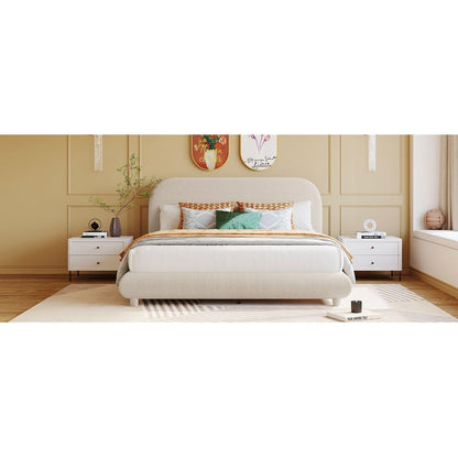 Teddy Fleece Queen Size Upholstered Platform Bed with Thick Fabric, Solid Frame and Stylish Curve-shaped Design, Beige