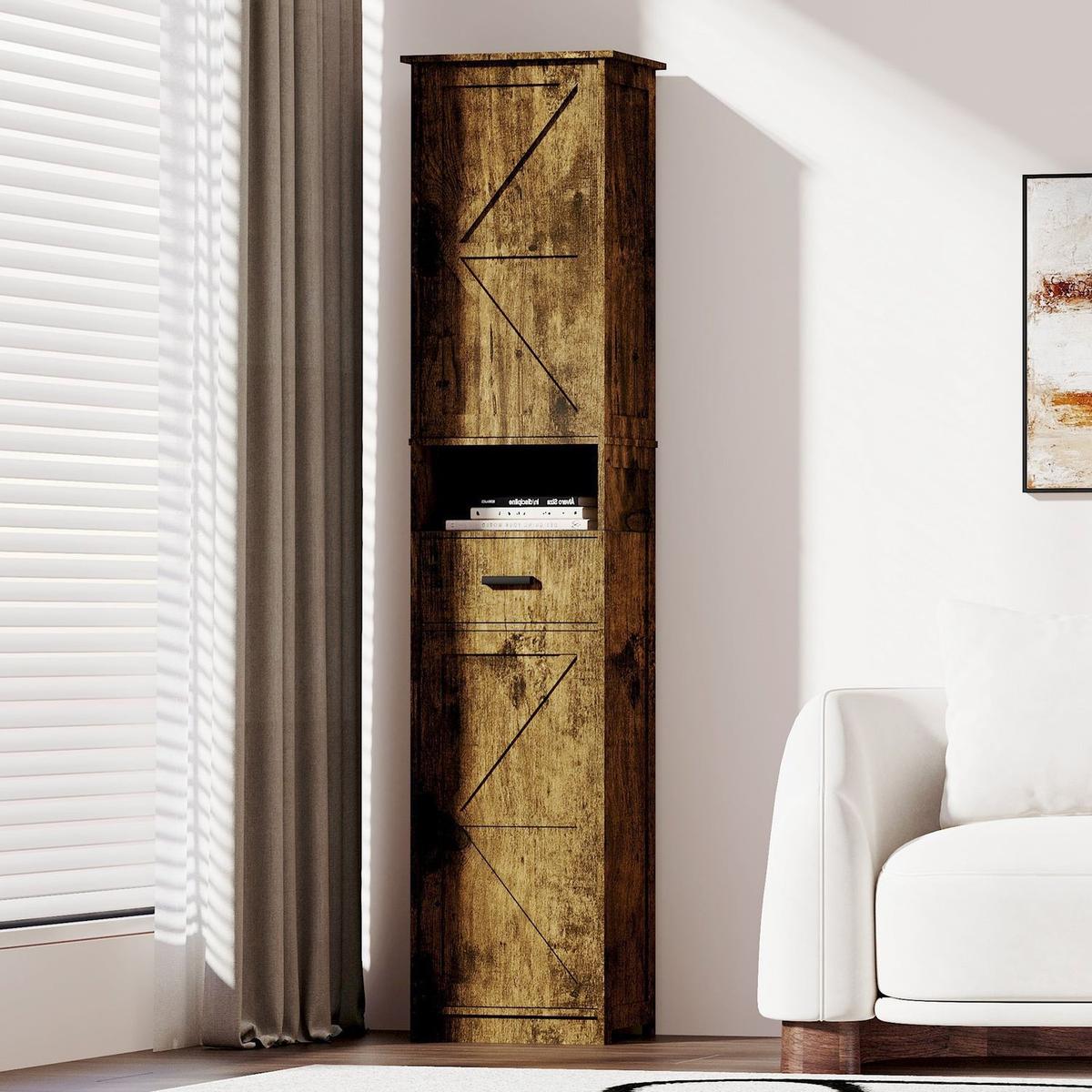 69" H Tall Bathroom Storage Cabinet with 2 Barn Doors and 1 Drawer, Narrow Storage Unit, Adjustable Shelves,Floor Cabinet for Bathroom, Living Room, Entryway,Kitchen,(Vintage Color) - Streamdale Furniture