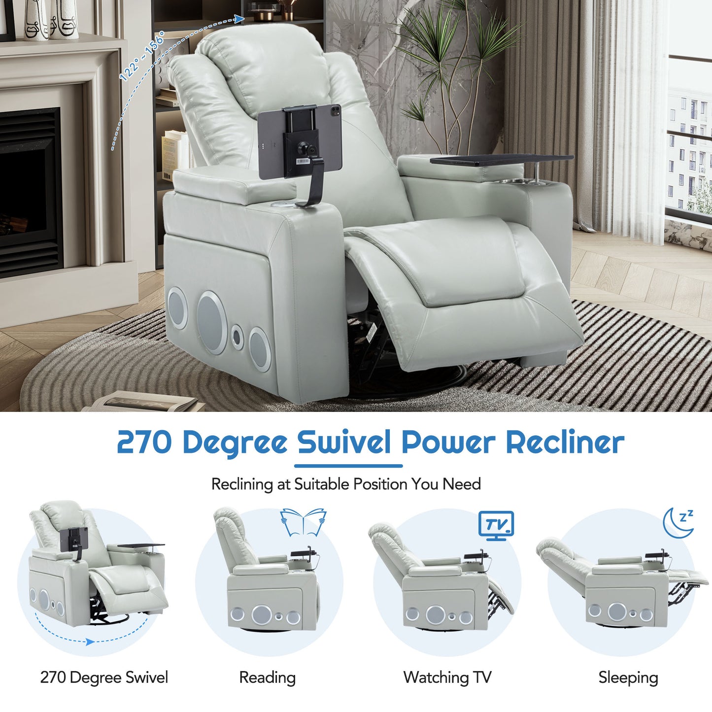 270 Degree Swivel PU Leather Power Recliner Individual Seat Home Theater Recliner with Surround Sound, Cup Holder, Removable Tray Table, Hidden Arm Storage for Living Room, Grey