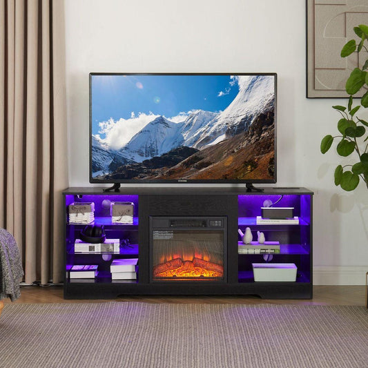 TV Stand Electric Fireplace TV Stand with Glass Shelves, 3D Fireplace TV Stand with LED Lights Wood with USB Charging Outlet Modern Television Table Center for TV up to 32-65" Black 58"Wx15.5"Dx24.4