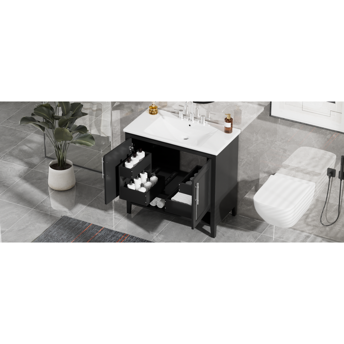 36" Bathroom Vanity with Sink, Multi-functional Bathroom Cabinet with Doors and Drawers, MDF Frame and MDF Board, Black