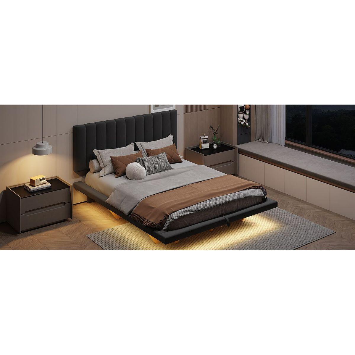 Queen Size Upholstered Floating Bed with LED Light and USB Port, Velvet, Gray, Hydrualic Platform Bed