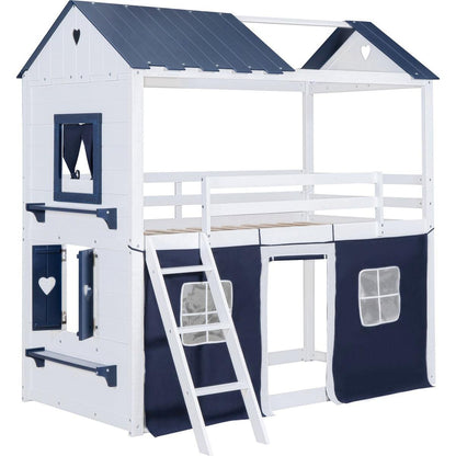 Twin Size Bunk Wood House Bed with Elegant Windows, Sills and Tent, Blue+White