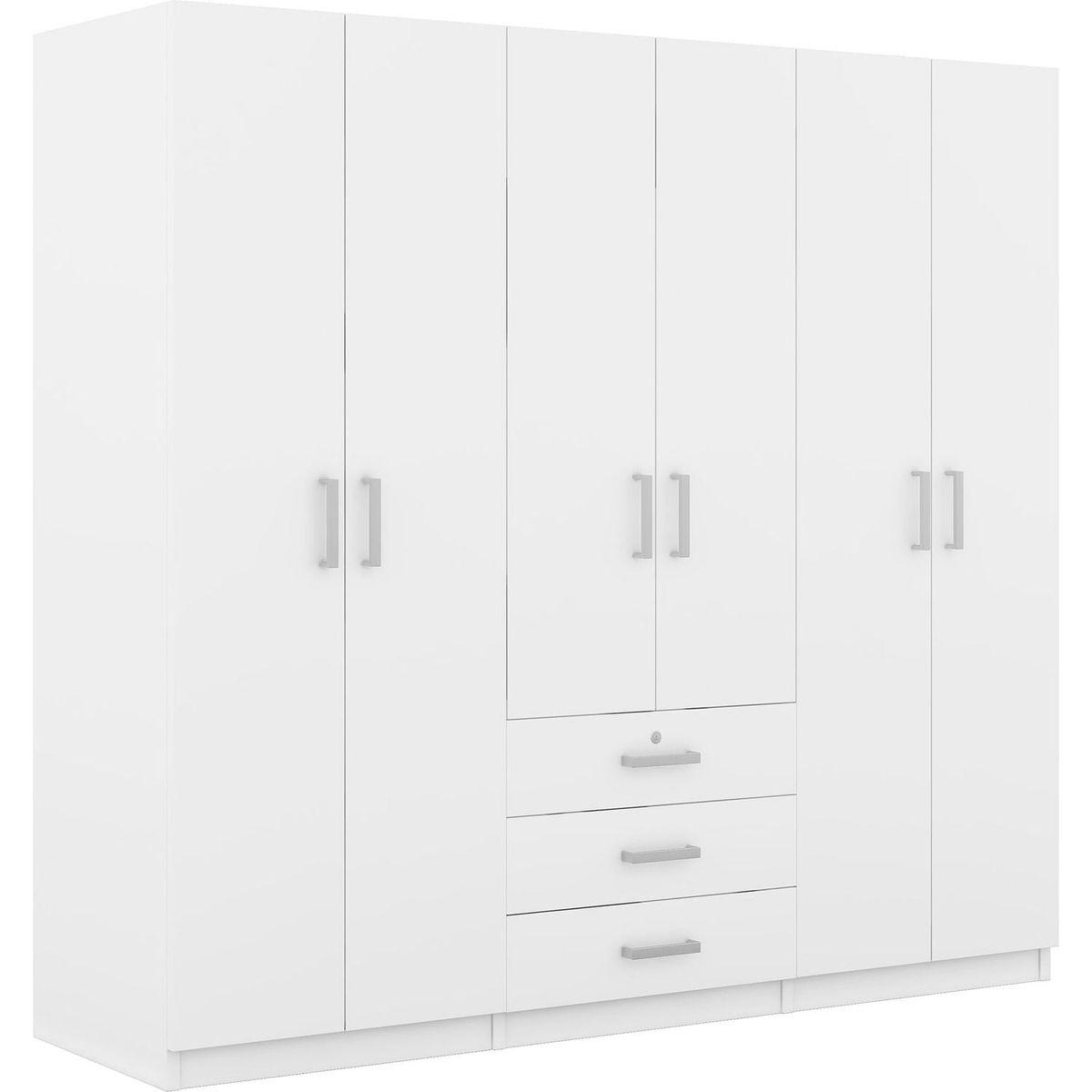 6-Doors Wooden Wardrobe Storage for Bedroom, with Big Drawers, White