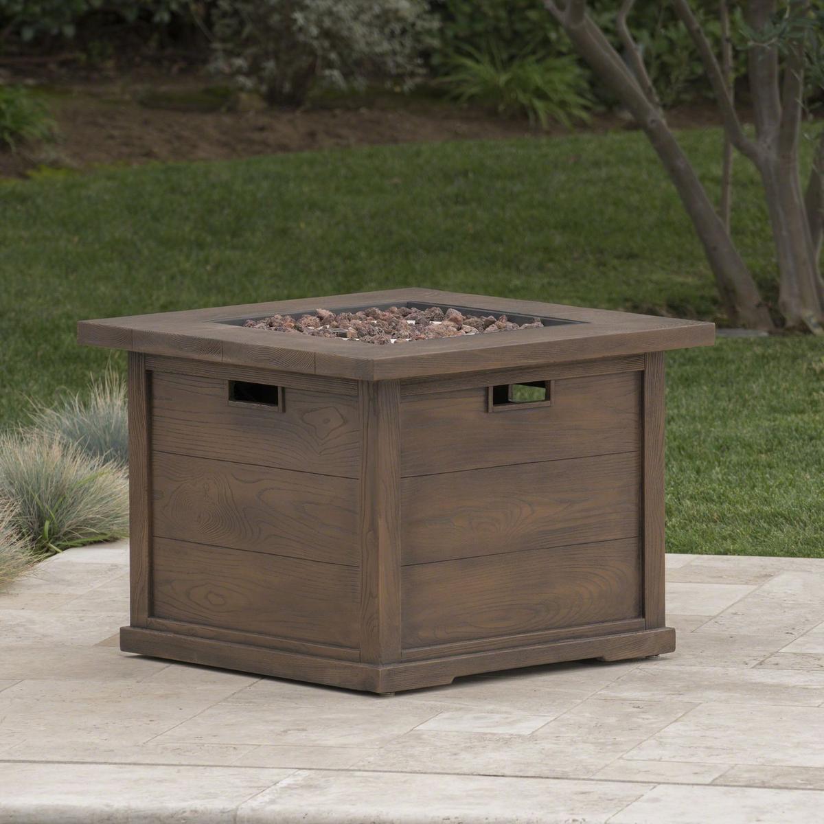 Patio Outdoor 24" H x 32" W Square Gas Burning Concrete Fire Pit Wood Pattern - Brown - 40,000 BTU