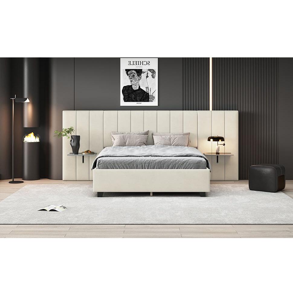Queen Size Upholstered Platform Bed with Big Headboard, Bedroom Furniture, Velvet, Beige