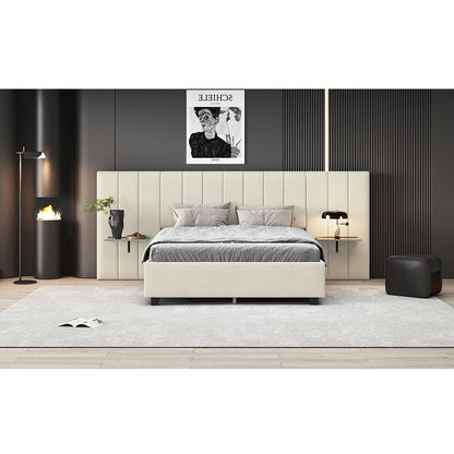 Queen Size Upholstered Platform Bed with Big Headboard, Bedroom Furniture, Velvet, Beige