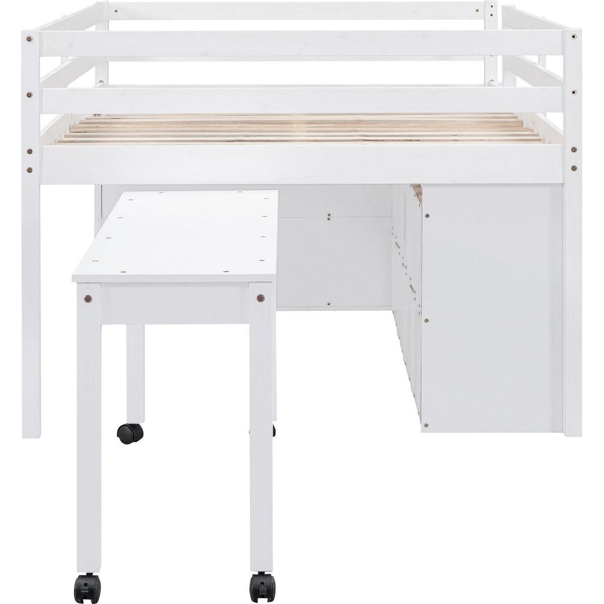 Full Size Loft Bed with Retractable Writing Desk and 4 Drawers, Wooden Loft Bed with Lateral Portable Desk and Shelves, White