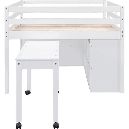 Full Size Loft Bed with Retractable Writing Desk and 4 Drawers, Wooden Loft Bed with Lateral Portable Desk and Shelves, White