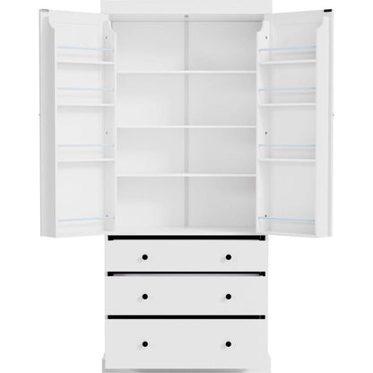 [Assembly Video Provided]77inch Farmhouse Kitchen Pantry, Freestanding Tall Cupboard Storage Cabinet with 3 Adjustable Shelves, 8 Door Shelves, 3 Drawers for Kitchen, Dining Room, White