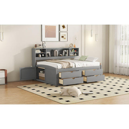 Full Size Wood Daybed with 2 Bedside Cabinets, Upper Shelves and 4 Drawers, Gray