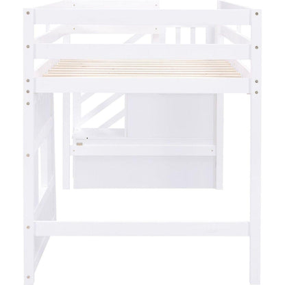 Twin Size Loft Bed with Storage Staircase and Window, White
