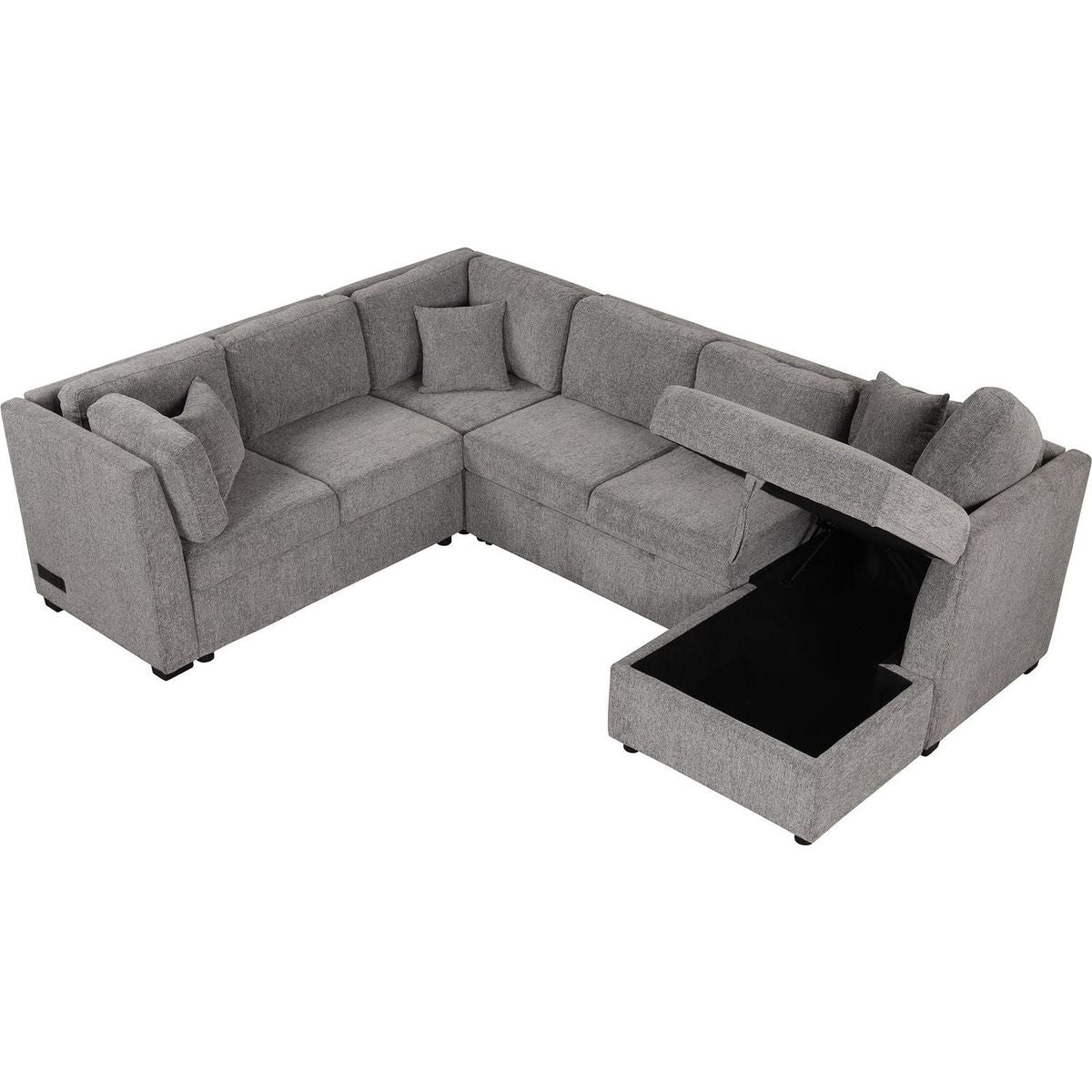 108.6" U-shaped Sectional Sofa Pull out Sofa Bed with Two USB Ports, Two Power Sockets, Three Back Pillows and a Storage Chaise for Living Room, Light Gray