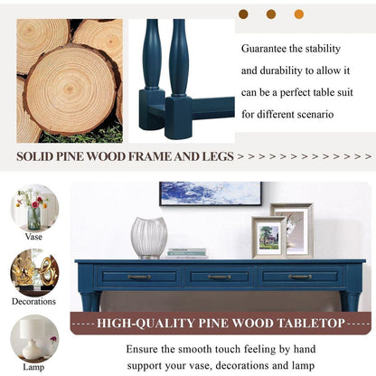 63inch Long Wood Console Table with 3 Drawers and 1 Bottom Shelf for Entryway Hallway Easy Assembly Extra-thick Sofa Table(Navy Blue)