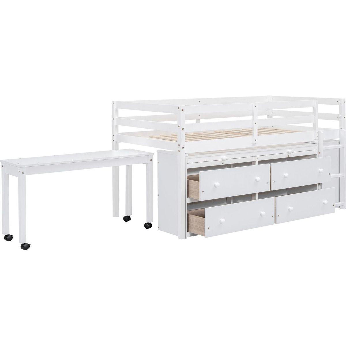 Twin Size Loft Bed with Retractable Writing Desk and 4 Drawers, Wooden Loft Bed with Lateral Portable Desk and Shelves, White