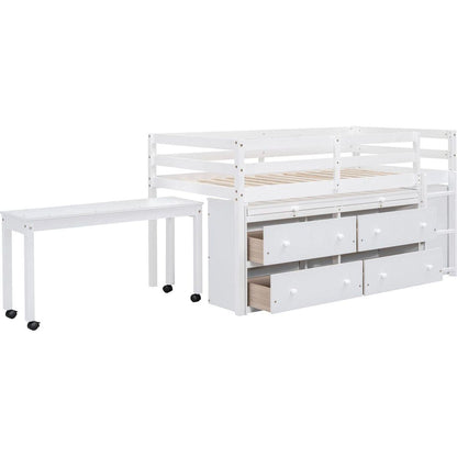 Twin Size Loft Bed with Retractable Writing Desk and 4 Drawers, Wooden Loft Bed with Lateral Portable Desk and Shelves, White
