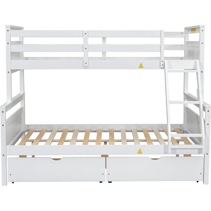 Twin over Full Bunk Bed with Ladder, Two Storage Drawers, Safety Guardrail, White
