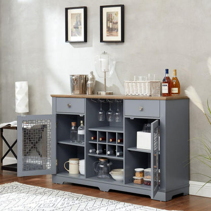 Modern Farmhouse Buffet Cabinet, Sideboard with 2 Drawers and Elegant Glass Door Cabinets, Wine and Glass Rack, Coffee Bar for Kitchen, Dining Room, Light Blue and Light Oak, 56.46"Wx15.55"Dx35.74"H