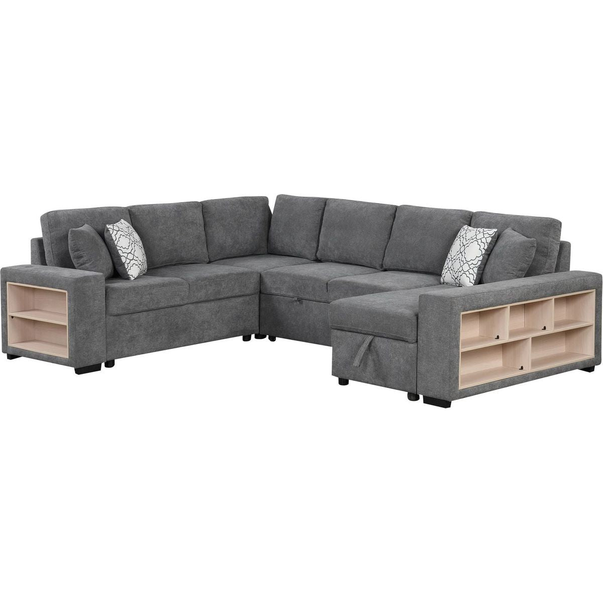 109" U-shaped Sectional Sofa Pull-out Sofa Bed with Two USB Ports, a Storage Chaise Lounge and Four Back Pillows for Living Room, Grey