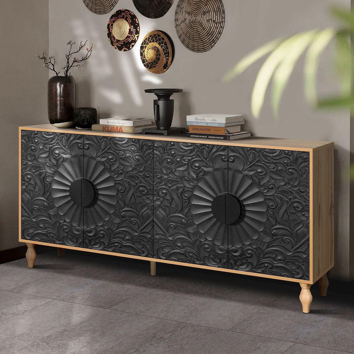 Black Carved Symmetrical Design Door And Wood Coloured Frame For TV Stand Table,Living Room, Entryway