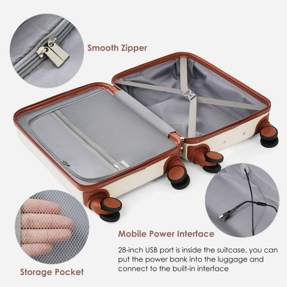 Luggage Set of 3, 20, 24, 28inch with USB Port, 20, 24inch with front opening design Airline Certified Carry on Luggage with Cup Holder, ABS Hard Shell Luggage with Spinner Wheels, ivory and brown