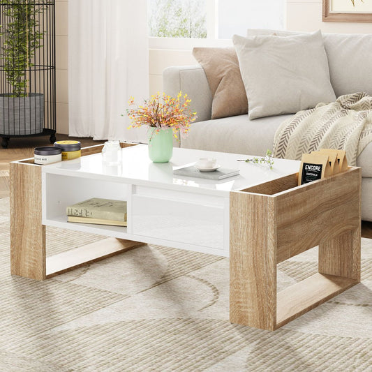 ON-TREND High Glossy Coffee Table with 2 Drawers, Practical Two Tone Center Table with Hidden Compartments, Rectangle Cocktail Table with Open Storage Shelf for Living Room, Bedroom, White, 41.3*23.6'