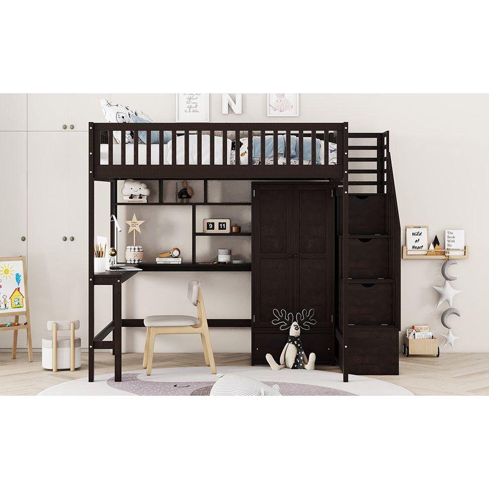 Full size Loft Bed with Bookshelf,Drawers,Desk,and Wardrobe-Espresso