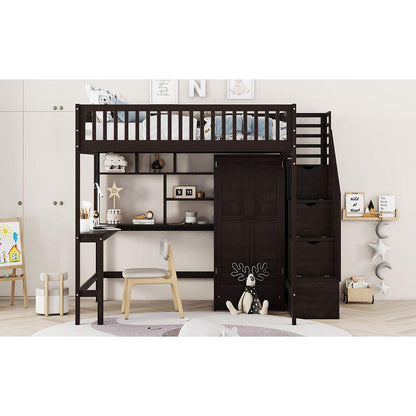 Full size Loft Bed with Bookshelf,Drawers,Desk,and Wardrobe-Espresso