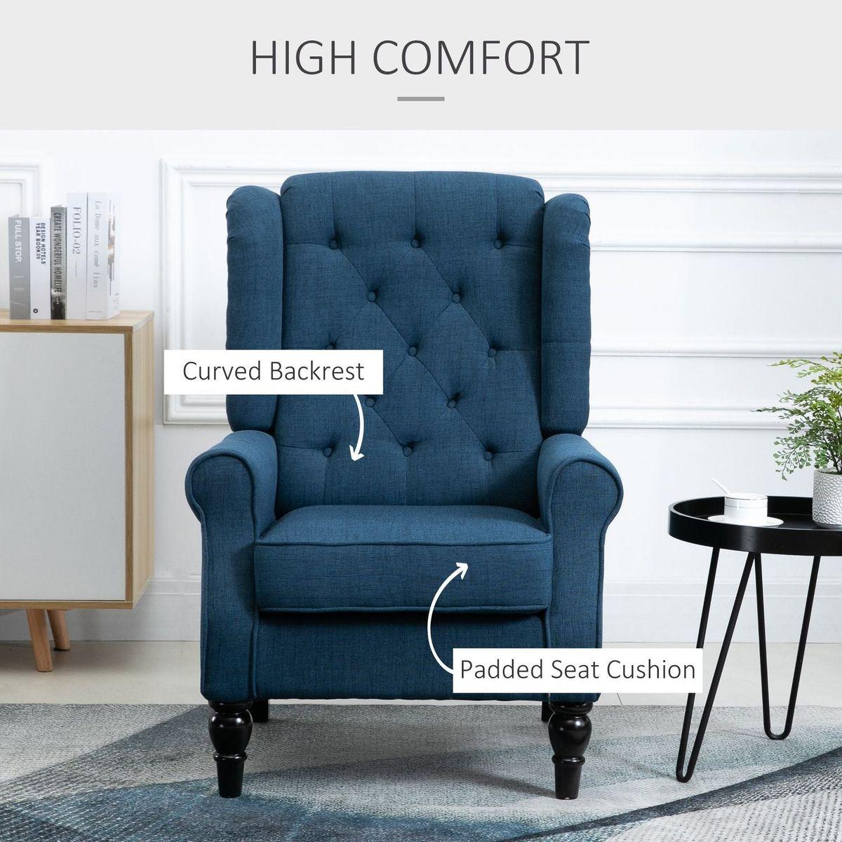 Button-Tufted Accent Chair with High Wingback, Rounded Cushioned Armrests and Thick Padded Seat, Blue