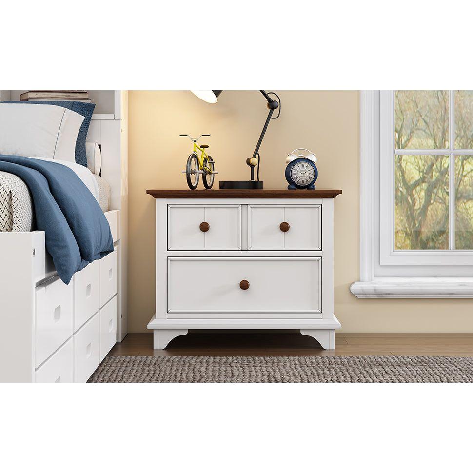 3 Pieces Wooden Captain Bedroom Set Full Bed with Trundle, Nightstand and Dresser, White + Walnut