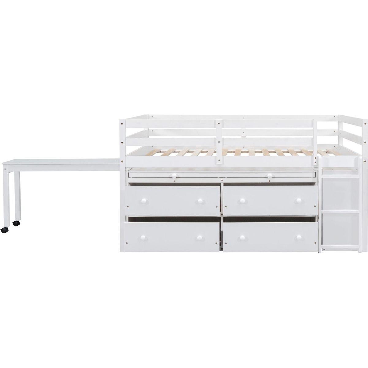 Full Size Loft Bed with Retractable Writing Desk and 4 Drawers, Wooden Loft Bed with Lateral Portable Desk and Shelves, White