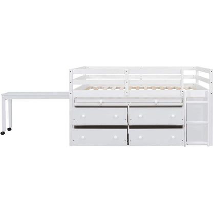 Full Size Loft Bed with Retractable Writing Desk and 4 Drawers, Wooden Loft Bed with Lateral Portable Desk and Shelves, White