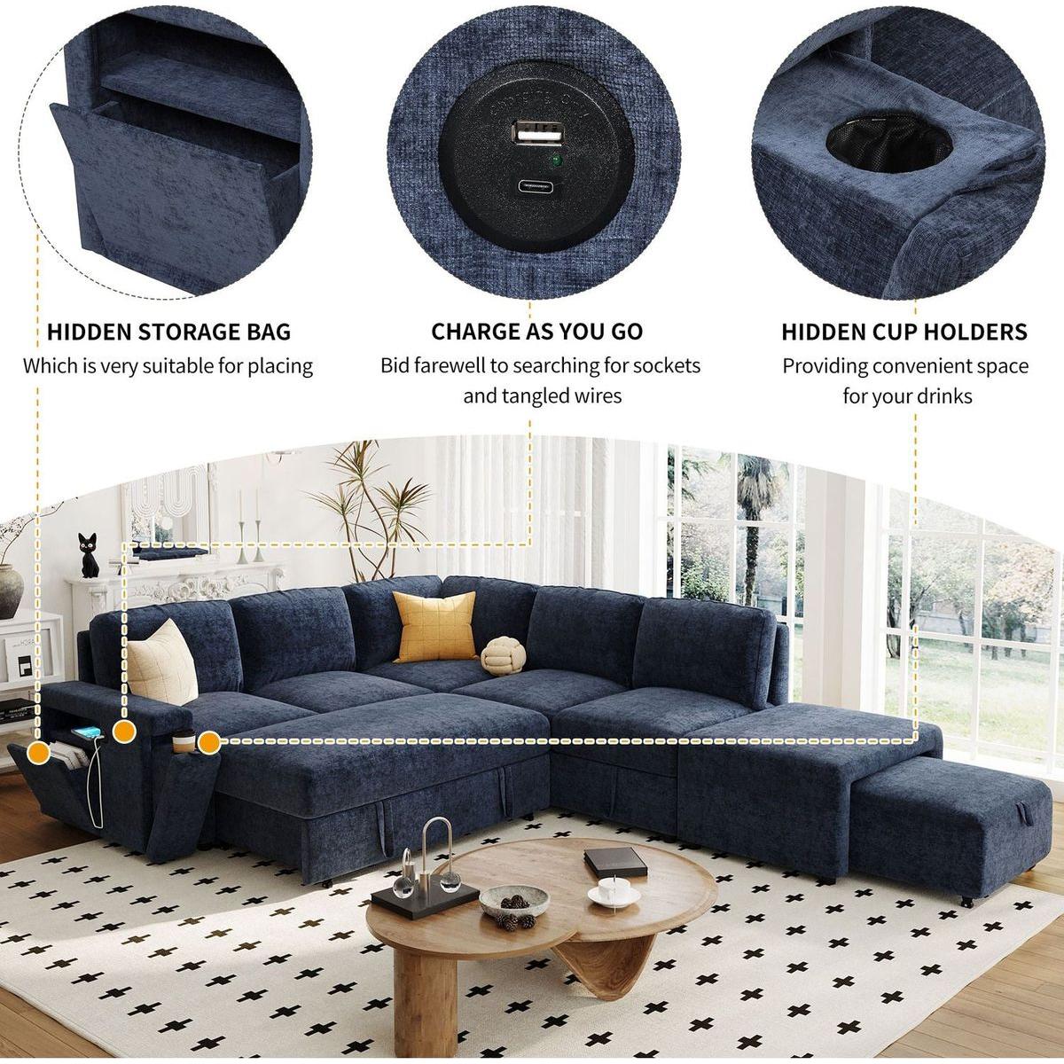 L-shaped Padded Modular Sofa with Storage Space, USB Ports, and Cup Holders on the Armrests, Suitable for Living Rooms, Offices, and Apartments.