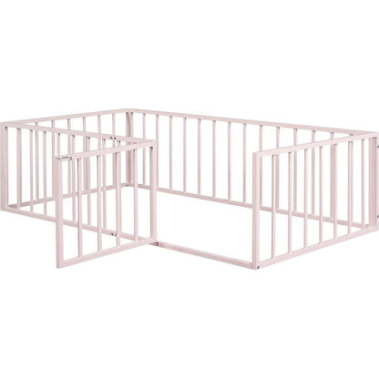 Twin Size Metal Floor Bed Frame with Fence and Door, Pink