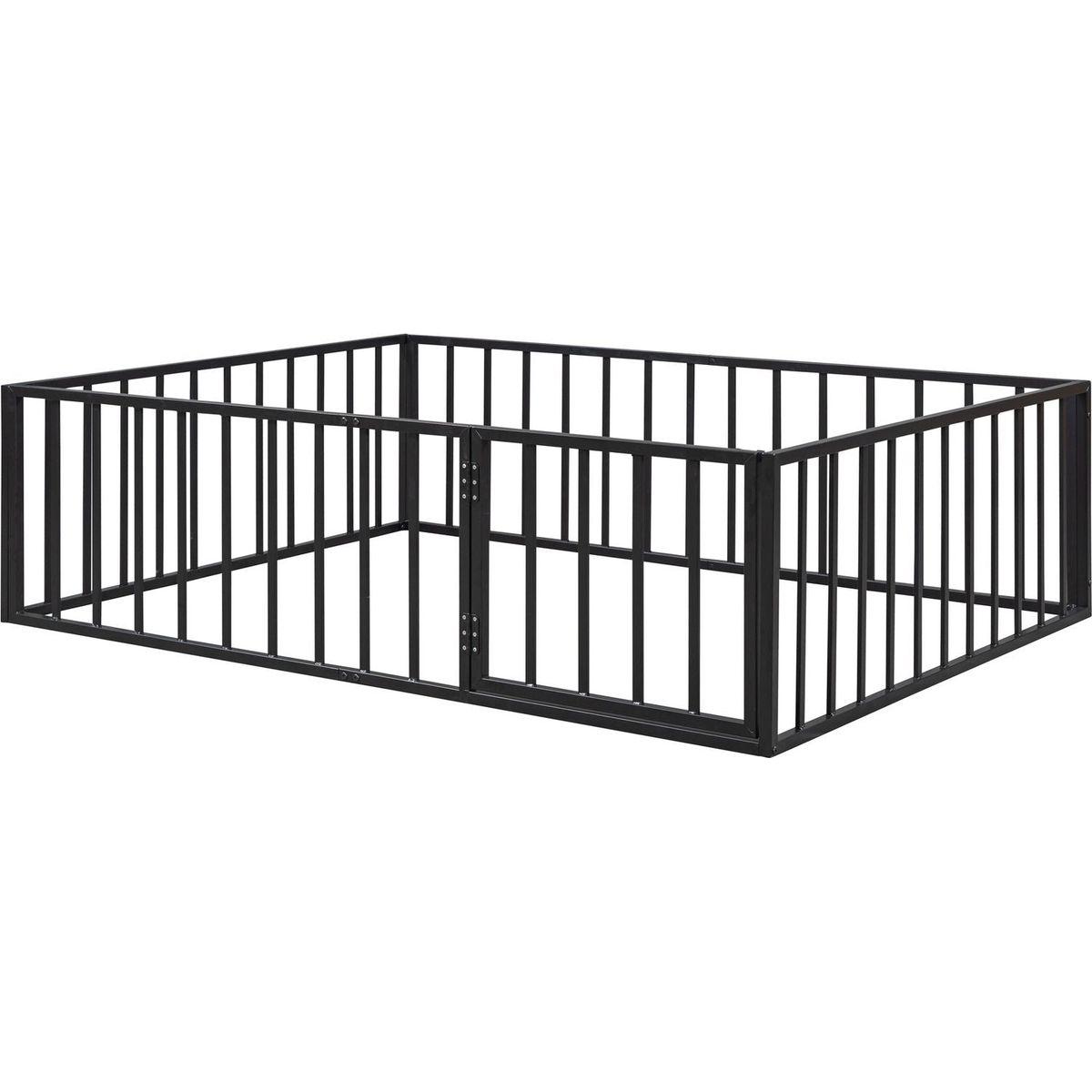 Full Size Metal Floor Bed Frame with Fence and Door, Black
