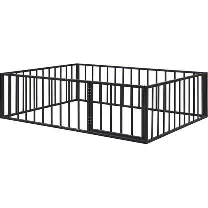 Full Size Metal Floor Bed Frame with Fence and Door, Black
