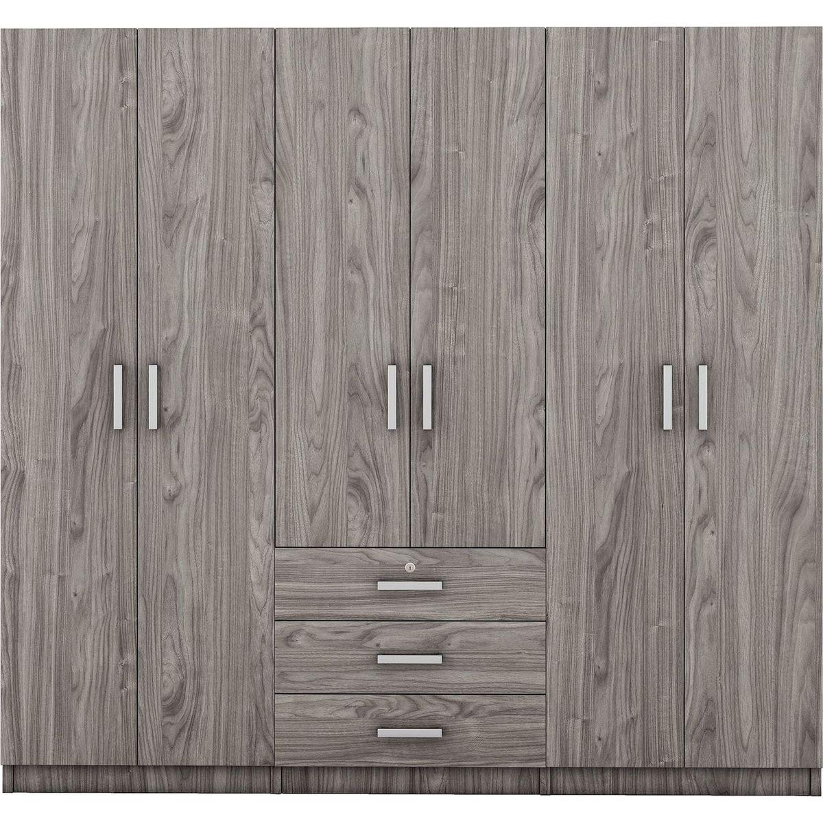 6-Doors Wooden Wardrobe Storage for Bedroom, with Big Drawers, Gray