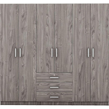 6-Doors Wooden Wardrobe Storage for Bedroom, with Big Drawers, Gray