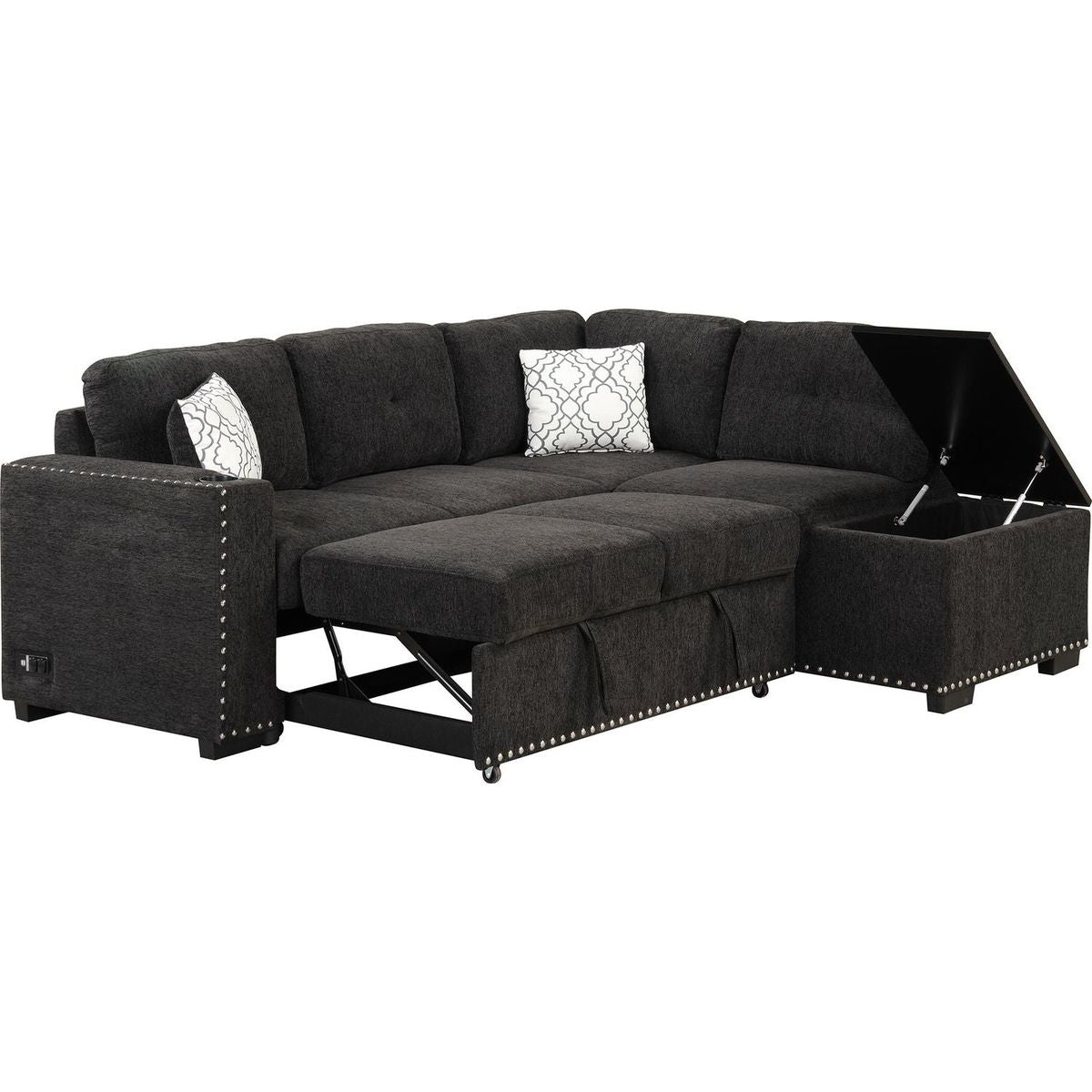 83.8" Reversible Sectional Pull-Out Sofa Bed L-Shaped Corner Sofa Couch with Storage Chaise, USB Ports, Power Sockets, Cup Holder for Living Room, Bedroom, Study, Black