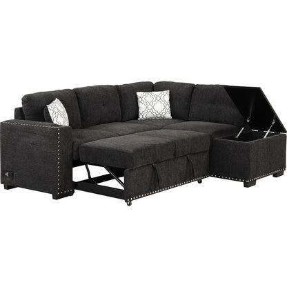 83.8" Reversible Sectional Pull-Out Sofa Bed L-Shaped Corner Sofa Couch with Storage Chaise, USB Ports, Power Sockets, Cup Holder for Living Room, Bedroom, Study, Black