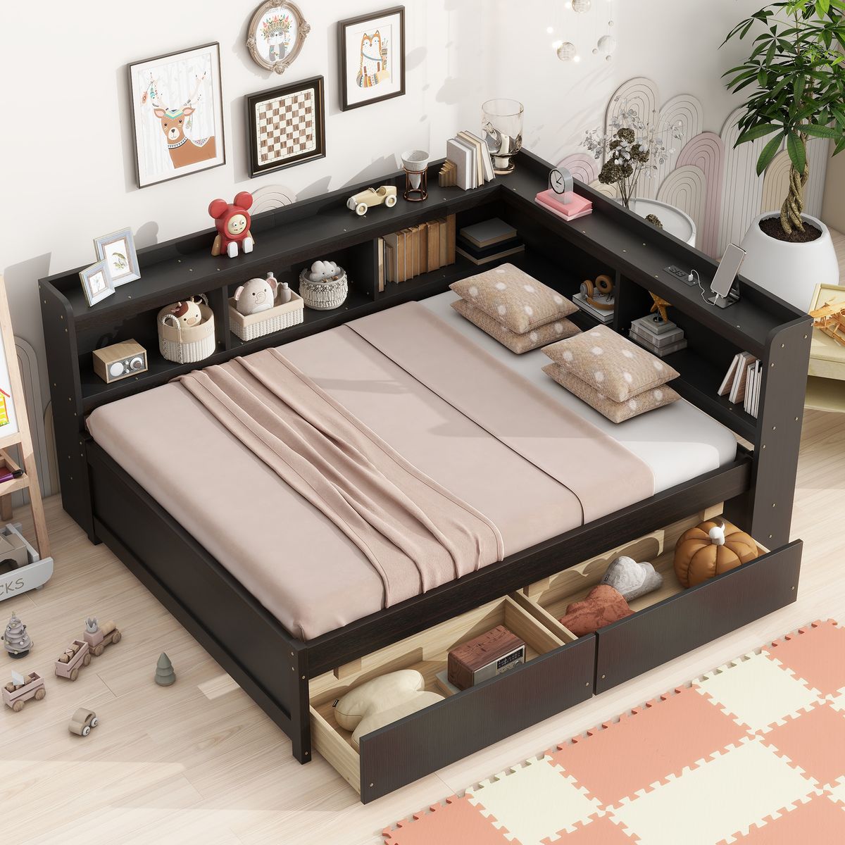 Full Size L-shaped Bookcases Bed with Power Outlets, USB Charging Ports,Two Drawers,Espresso