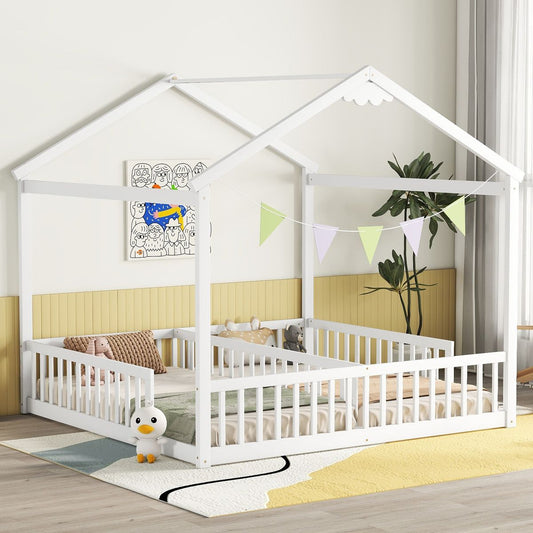 Double Twin House-Style Floor Bed with Fence, Guardrails, without door, White(Old Sku:W504P143317)