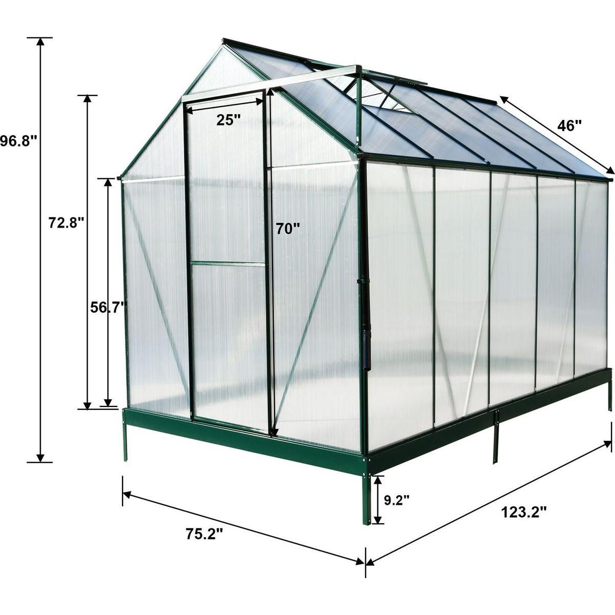 6.3'x10.2'x7' Polycarbonate Greenhouse, Heavy Duty Outdoor Aluminum Walk-in Green House Kit with Rain Gutter, Vent and Door for Backyard Garden, color green